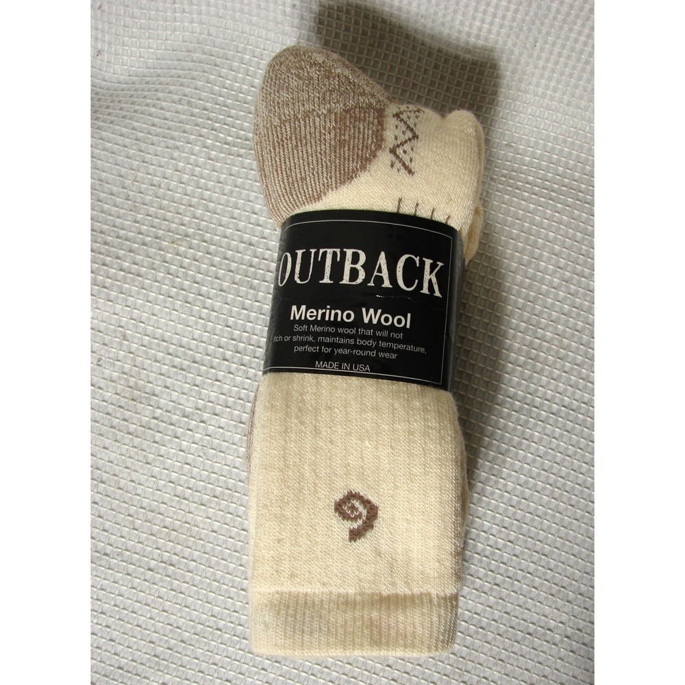 New 2 Pr Outback Merino Wool Socks 10-13 Mens Shoe size 9-12 Made in USA Beige